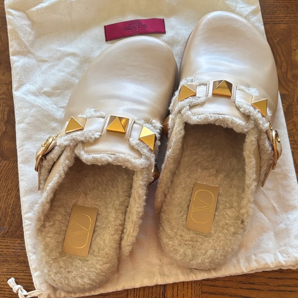 Valentino Shoes - Valentino Cream Mules with Gold Accents